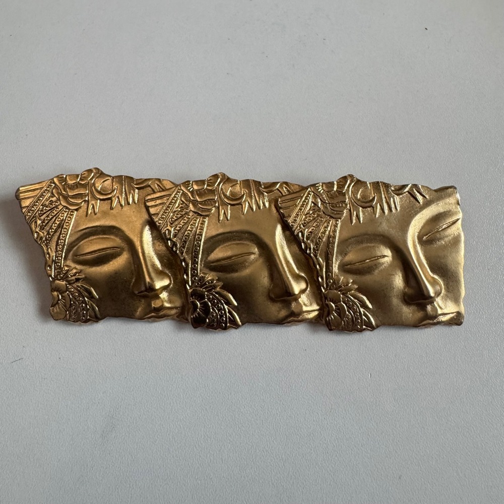Vintage JJ Jonette Jewelry Gold Tone Three Faces Brooch Pin Statement 1980's